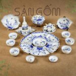 Bộ bát đĩa hoa mặt trời Bát Tràng họa tiết hoa sen chuồn men lam SG-HMT27