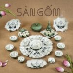 Bộ bát đĩa hoa mặt trời men xanh ngọc Bát Tràng họa tiết hoa sen đen SG-HMT31