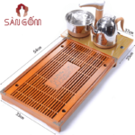 Bàn trà điện thông minh màu nâu nẹp đồng 4 góc họa tiết mã đáo thành công SG-KDT10