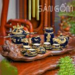 Bộ ấm chén màu xanh coban bọc đồng họa tiết rồng đắp nổi mạ vàng 24K SG-ACDV10
