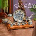 Bộ ấm chén men rạn bọc đồng dáng bầu dẹt họa tiết sơn thủy SG-ACBD03