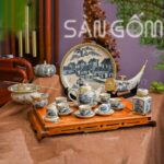 Bộ ấm chén men rạn bọc đồng dáng bầu tròn họa tiết Sơn Thủy SG-ACBD05