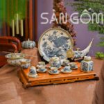 Bộ ấm chén men rạn bọc đồng dáng bầu tròn họa tiết Trúc Lâm Thất Hiền SG-ACBD06