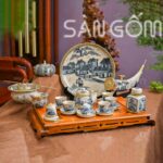 Bộ ấm chén men rạn bọc đồng dáng chân váy họa tiết Sơn Thủy SG-ACBD08