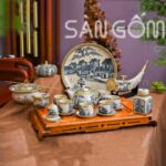 Bộ ấm chén men rạn bọc đồng dáng chuông họa tiết Sơn Thủy SG-ACBD09