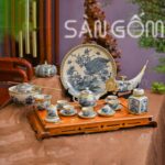 Bộ ấm chén men rạn bọc đồng dáng giỏ cua họa tiết Sơn Thủy SG-ACBD10