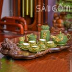 Bộ ấm chén men xanh ngọc bọc đồng họa tiết rồng đắp nổi mạ vàng 24K SG-ACDV07