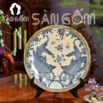 Đĩa cảnh trang trí men rạn bọc đồng song cá chơi trăng SG-ĐC36