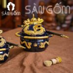 Điếu bát Bát Tràng bọc đồng Rồng nổi dát vàng cao cấp SG-DB01