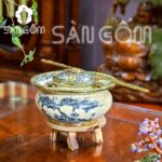 Điếu bát Bát Tràng men rạn bọc đồng họa tiết Tùng Hạt Diên Niên SG-DB06