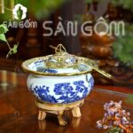 Điếu bát dáng bầu men lam bọc đồng họa tiết đình làng SG-DB02