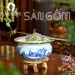 Điếu bát dáng bầu men lam bọc đồng họa tiết Trúc lâm thất hiền SG-DB03
