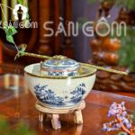 Điếu bát men rạn giả cổ bọc đồng họa tiết sơn thủy SG-DB09
