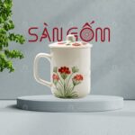 Ly sứ có nắp Bát Tràng họa tiết vẽ tay hoa lựu đỏ SG-LS159