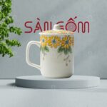 Ly sứ có nắp Bát Tràng họa tiết vẽ tay hoa màu cam SG-LS151