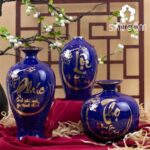 Bộ bình tài lộc trang trí màu xanh dương hoạ tiết "Phúc Lộc Thọ" SG-LH386