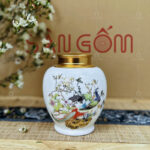 Hộp đựng trà màu trắng dáng bầu họa tiết chim công SG-BĐT32