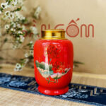Hũ đựng trà màu đỏ dáng trụ họa tiết sen SG-BĐT37
