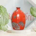 Lọ hoa Bát Tràng màu cam dáng dẹp họa tiết hoa sen vẽ vàng SG-LH346