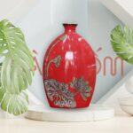 Lọ hoa Bát Tràng màu đỏ dáng dẹp họa tiết hoa sen vẽ vàng SG-LH349
