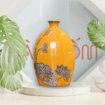 Lọ hoa Bát Tràng màu vàng cam dáng dẹp họa tiết hoa sen SG-LH353