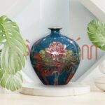 Lọ hoa Bát Tràng màu xanh dáng hút lộc họa tiết hoa sen đỏ SG-LH357