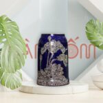 Lọ hoa màu xanh đậm dáng trụ họa tiết hoa sen vẽ vàng SG-LH370