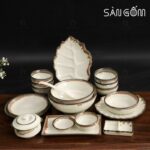 Bộ bát đĩa men kem kẻ viền 19 món SG-BD27