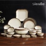 Bộ bát đĩa men kem kẻ viền 24 món SG-BD28