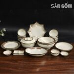 Bộ bát đĩa men kem kẻ viền 21 món SG-BD29