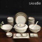 Bộ bát đĩa men kem kẻ viền 22 món SG-BD31