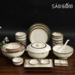 Bộ bát đĩa men kem kẻ viền 23 món SG-BD32