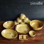 Bộ bát đĩa men nâu Bát Tràng họa tiết đào trắng SG-BD24