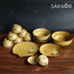 Bộ bát đĩa men nâu Bát Tràng 13 món họa tiết đào trắng SG-BD25