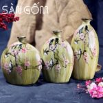 Bộ 3 bình hoa decor dáng bẹt họa tiết chim hoa vẽ tay SG-LH412