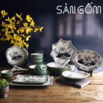Bộ bát đĩa Bát Tràng họa tiết hoa sen men đen vẽ tay SG-BD43