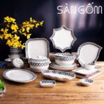 Bộ bát đĩa gốm sứ Bát Tràng hoa văn viền vẽ tay 24 món SG-BD50
