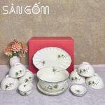 Bộ bát đĩa Bát Tràng men kem họa tiết sen vẽ tay SG-BD60