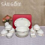 Bộ bát đĩa gốm sứ Bát Tràng men kem vẽ tay họa tiết cà rốt SG-BD61
