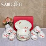 Bộ bát đĩa Bát Tràng men kem vẽ họa tiết hoa đào đỏ SG-BD62