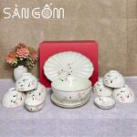 Bộ bát đĩa Bát Tràng men kem vẽ họa tiết hoa đào hồng SG-BD57