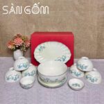 Bộ bát đĩa men kem vẽ họa tiết hoa sen xanh SG-BD63