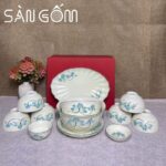 Bộ bát đĩa Bát Tràng men kem vẽ họa tiết sen xanh SG-BD58