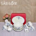 Bộ bát đĩa Bát Tràng men kem vẽ họa tiết sen xanh tím SG-BD59