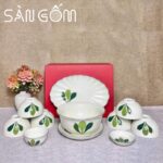 Bộ bát đĩa Bát Tràng men kem vẽ tay họa tiết lá SG-BD64