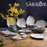 Bộ bát đĩa Bát Tràng vẽ bèo men xanh ngọc lục SG-BD51