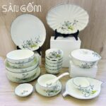 Bộ bát đĩa men kem vẽ sen 19 món mẫu 1 gốm sứ Bát Tràng SG-BD76