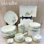 Bộ bát đĩa men kem vẽ sen 19 món mẫu 2 gốm sứ Bát Tràng SG-BD77