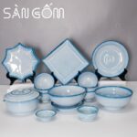 Bộ bát đĩa Bát Tràng men xanh kẻ viền 14 món SG-BD65