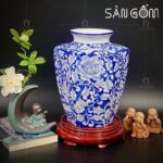 Bình hoa gốm sứ Bát Tràng vẽ hoa phù dung lam kỹ kín lọ dáng lục giác SG-LH445